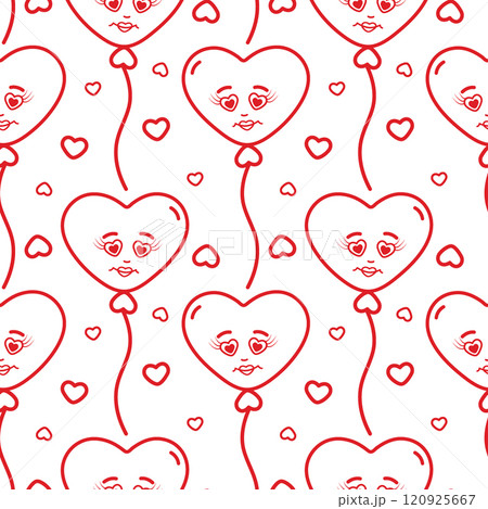 Outline heart shaped balloons with smiling face and decorative hearts Seamless pattern in minimalism 120925667