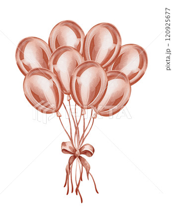 Festive elegant background, air helium balloons with ribbons. Watercolor rose gold bunch of balloons. 120925677