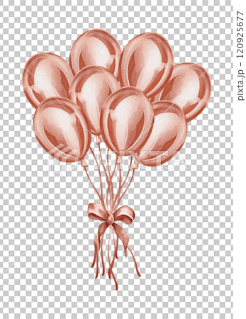 Festive elegant background, air helium balloons with ribbons. Watercolor rose gold bunch of balloons. 120925677