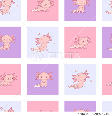 Seamless pattern with cute pink Axolotl. Funny multi-colored checkered background with little cartoon kawaii character. Vector illustration. Kids collection. Seamless pattern with cute pink Axolotl. Funny multi-colored checkered background with little cartoon kawaii character. Vector illustration. Kids collection. 120925710
