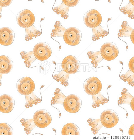 Beautiful seamless pattern with watercolor hand drawn cute safari lion animals. Stock illustration. For baby. 120926735