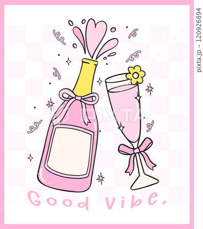 Coquette Retro Pink Champagne and flute Glasses popping Celebration Pink and Mint Hand Drawn Doodle 120926894