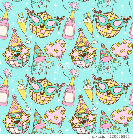 Festive Seamless Pattern Party Disco Ball New Year and Birthday cartoon doodle isolated on background 120926896