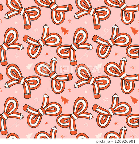 Seamless Pattern Christmas Candy Cane Pencils Bow Festive Doodle isolated on background Seamless Pattern Christmas Candy Cane Pencils Bow Festive Doodle isolated on background 120926901