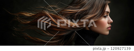 Portrait of a young woman with flowing brown hair against dark background 120927139