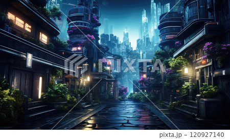 Futuristic urban street at night with neon lights and lush greenery 120927140