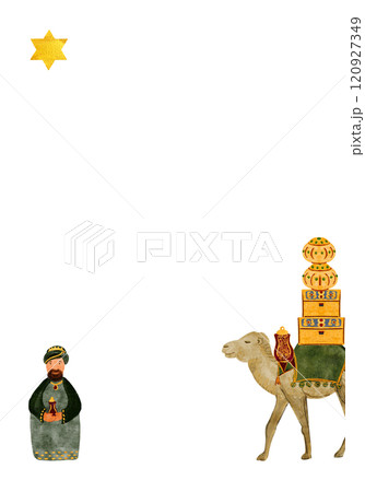 Wise man and a camel with gifts, gold, Christmas watercolor composition. Hand painted art for card, posters, stickers, tape, decoration for celebration of true Christmas. Cute minimalistic clip art 120927349