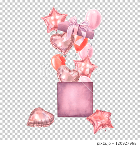 Festive balloons popping out of gift box. Hand drawn watercolor illustration of holiday element on isolated background. Suitable for Valentine's Day, weddings, birthdays greeting cards or invitations. 120927968