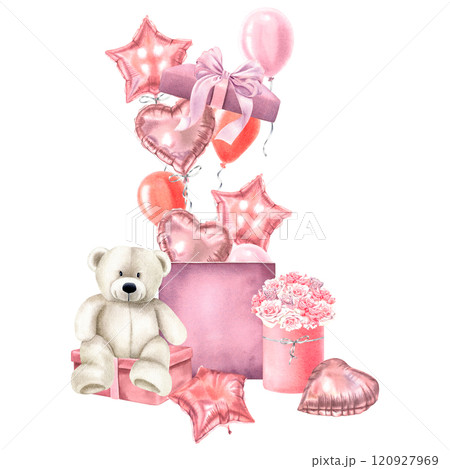 Teddy bear with roses bouquet sitting next to a gift box and festive balloons fly out of them. Cute watercolor illustration of surprise on isolated background. Valentine's day design for cards, cover. 120927969
