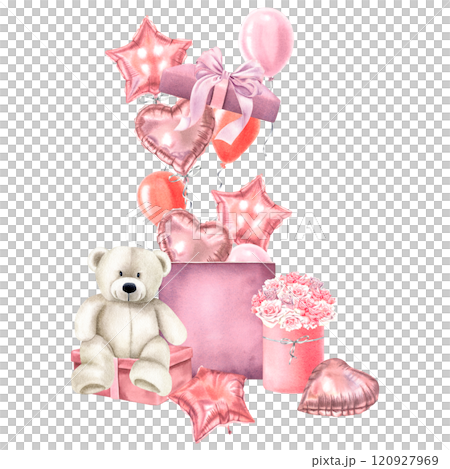 Teddy bear with roses bouquet sitting next to a gift box and festive balloons fly out of them. Cute watercolor illustration of surprise on isolated background. Valentine's day design for cards, cover. 120927969