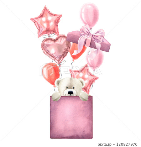 Teddy bear and pink hearts shape balloons pop out of opened gift box. Hand drawn watercolor illustration of cute animal on isolated background. Promotion display for Saint Valentine's Day nvitations. 120927970