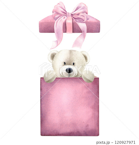 Cute teddy bear popping out of purple gift box. Hand drawn watercolor illustration of funny surprise for Birthday on isolated background. Perfect design for celebrations and children's events. 120927971