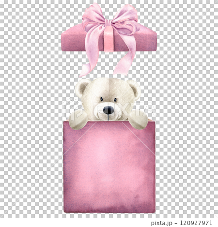Cute teddy bear popping out of purple gift box. Hand drawn watercolor illustration of funny surprise for Birthday on isolated background. Perfect design for celebrations and children's events. 120927971