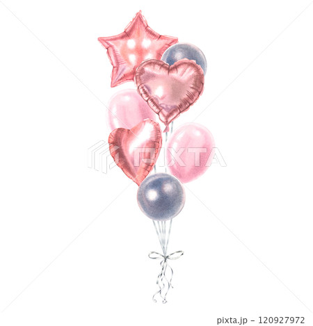 Bunch of pink air balloons with silver ribbons. Hand drawn watercolor illustration of Birthday decoration on isolated background. Applicable for holiday invitation, posters or card on Valentine's day. 120927972