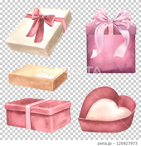 Gift cardboard boxes with ribbons and bows. Hand drawn watercolor illustration of presents for holidays on isolated background. Drawing of surprise package for Birthday greeting cards or invitations. Gift cardboard boxes with ribbons and bows. Hand drawn watercolor illustration of presents for holidays on isolated background. Drawing of surprise package for Birthday greeting cards or invitations. 120927973