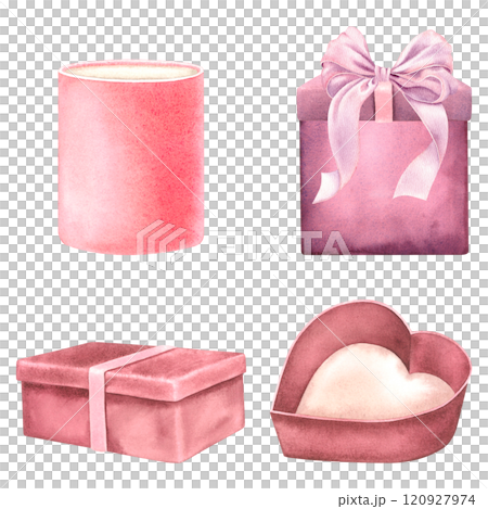 Set of different shaped gift cardboard boxes. Hand drawn watercolor illustration of presents for holidays on isolated background. Drawing of surprise package for Birthday greeting cards or invitations 120927974