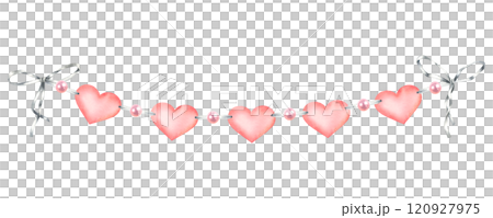 Red hearts garland hanging on the silver ribbon with beads. Hand drawn watercolor illustration of pennant for baby party design on isolated background. Bunting for banner, celebration or party design. 120927975