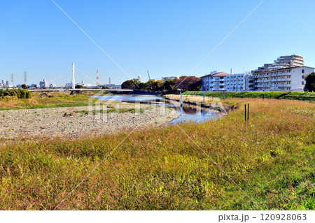 万願寺歩道橋(ふれあい橋)/浅川方面を上流側より望む(東京都日野市)【2024.11】 万願寺歩道橋(ふれあい橋)/浅川方面を上流側より望む(東京都日野市)【2024.11】 120928063