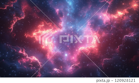 A vibrant cosmic scene featuring a colorful galaxy with clouds of dust and gas 120928121
