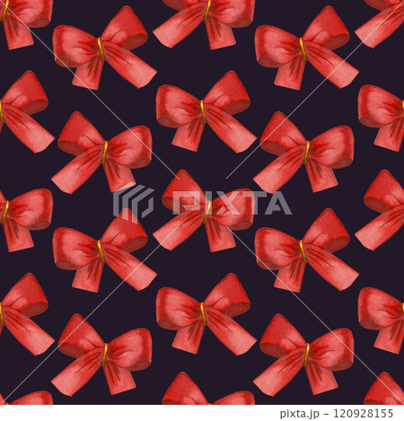 Bright red, pink festive bows hand painted with watercolor. Seamless watercolor pattern with a dark background. Suitable for printing on invitations, cards, for stationery and packaging. 120928155