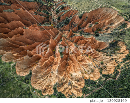 red sand and clay mountains Las Carcavas by Madrid, eroded badlands formation and desert landscape, aerial top view red sand and clay mountains Las Carcavas by Madrid, eroded badlands formation and desert landscape, aerial top view 120928169