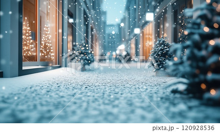 Snowy Street Decorated with Christmas Lights Snowy Street Decorated with Christmas Lights 120928536