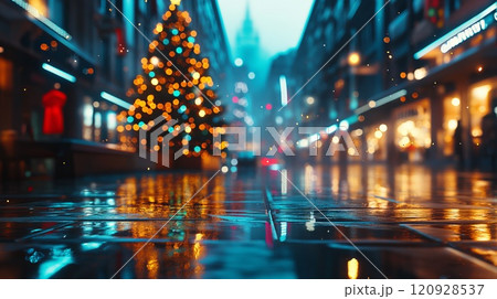 Glowing Cityscape with Holiday Lights and Christmas Atmosphere 120928537