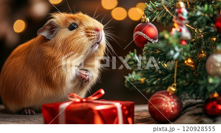 Guinea Pig Next to a Tiny Christmas Tree 120928555