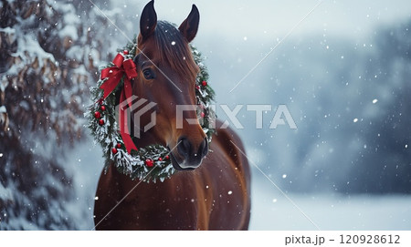 Horse Wearing Wreath in Snowy Landscape 120928612