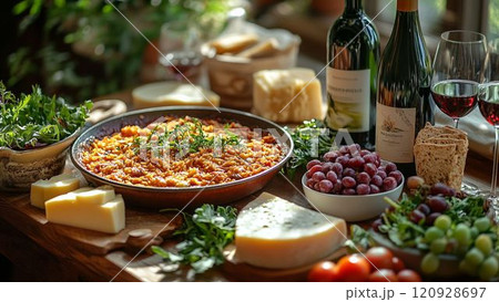 贅沢なディナー：パエリアとローストビーフが並ぶダイニングテーブル 120928697