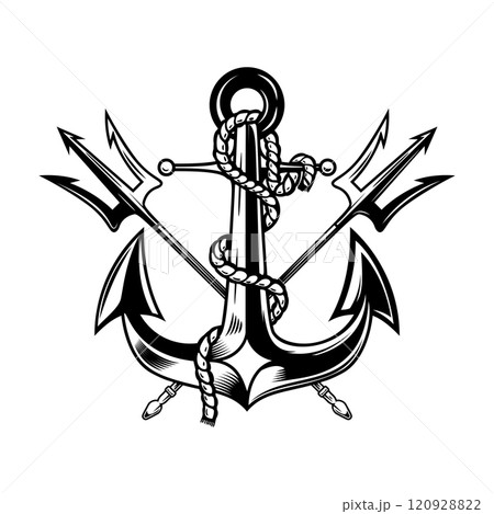 Illustration of sea anchor with crossed tridents. Design element for logo, sign, emblem. Vector illustration Illustration of sea anchor with crossed tridents. Design element for logo, sign, emblem. Vector illustration 120928822