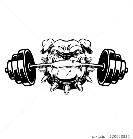 Angry dog head with gym barbell in teeth. Design element for logo, sign, emblem. Vector illustration 120928826