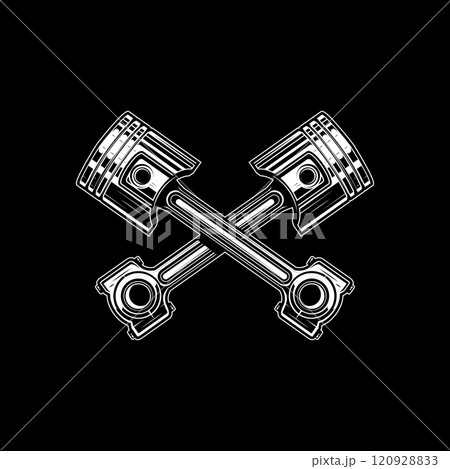 Emblem template with crossed car pistons. Design element for logo, emblem, sign, poster. Vector illustration 120928833