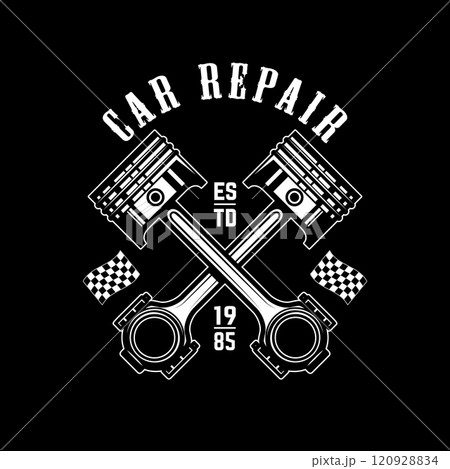 Emblem template with crossed car pistons. Design element for logo, emblem, sign, poster. Vector illustration Emblem template with crossed car pistons. Design element for logo, emblem, sign, poster. Vector illustration 120928834