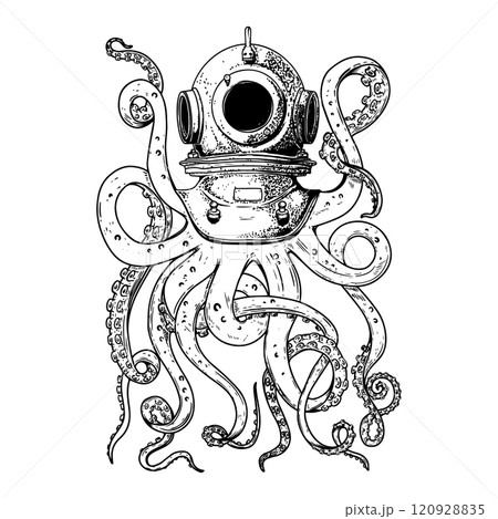 Illustration of vintage diver helmet with octopus tentacles. Design element for poster, card, t shirt. Vector illustration 120928835
