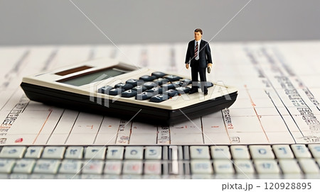 電卓とミニチュアのビジネスマン 120928895