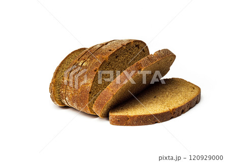 Several pieces of rye bread lie on a white background. On a white background there are several pieces of rye bread Several pieces of rye bread lie on a white background. On a white background there are several pieces of rye bread 120929000