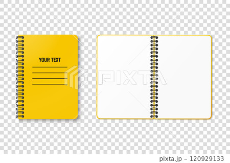 Horizontal spiral spring yellow notepad with space for your image or text on transparent background for mockup. Notebook vector design concept. Clipart illustration. Top view 120929133