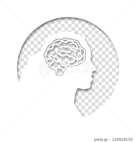 The head of a woman or girl is in a circle on transparent background. Medical concept icon of diseases of the brain, psychological disorder. Paper cut style icon with shadow. Vector illustration 120929150