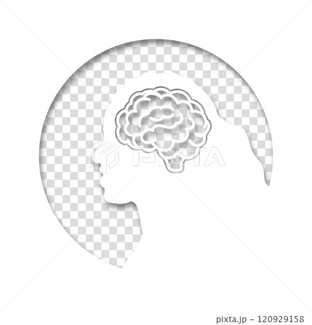 The head of a woman or girl is in a circle on transparent background. Medical concept icon of diseases of the brain, psychological disorder. Paper cut style icon with shadow. Vector illustration 120929158