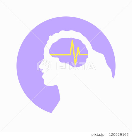 Illustration of woman or girl brain encephalography medical vector icon on human head isolated on white background. Stroke, epilepsy and Alzheimer s awareness, seizure disorder, stroke, ADHD 120929165