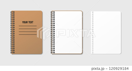 Vertical spiral spring notepad with space for your image or text on gray isolated background in three variations. Clean empty sheet. Notebook vector clipart illustration. Top view 120929184