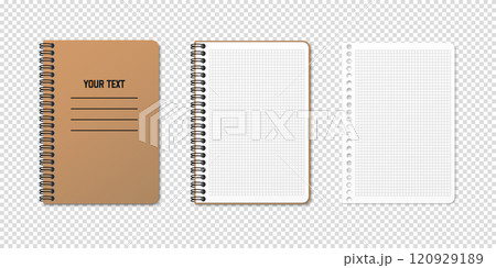 Vertical spiral spring notepad with space for your image or text on transparent background in three variations. Checkered sheet. Notebook vector clipart illustration. Top view 120929189