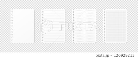 Vertical ruled, lined, gridded, checkered grid, dotted and empty sheets on transparent background. Realistic sheet for horizontal spiral notepad. Vector illustration. Top view Vertical ruled, lined, gridded, checkered grid, dotted and empty sheets on transparent background. Realistic sheet for horizontal spiral notepad. Vector illustration. Top view 120929213