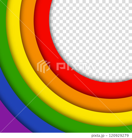 Abstract geometric red, orange, yellow, green, blue and purple circles lgbtq color background. Lgbt Pride History Month color background with copy space for text. Transparent vector illustration 120929279