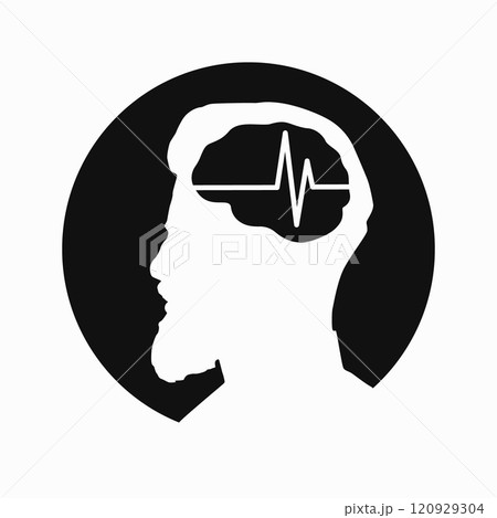 Illustration of human brain encephalography medical vector icon on human head isolated on white background. Stroke, epilepsy and Alzheimer s awareness, seizure disorder, stroke, ADHD 120929304