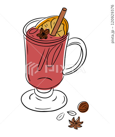 Illustration of glass of mulled wine with cinnamon stick, dried orange slice, and star anise, surrounded by festive spices. Vector contour drawing isolated on white background 120929376