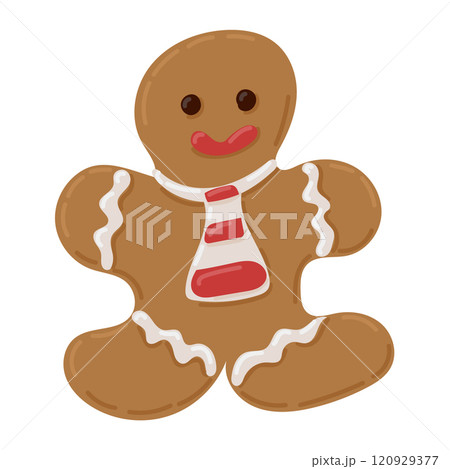 Cute gingerbread man flat illustration with red and white striped tie, decorated with icing details, representing festive Christmas spirit. Vector drawing on white background 120929377