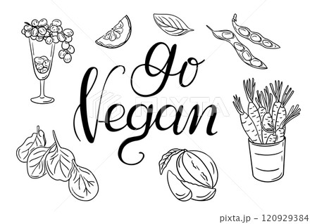 Black and white vegan illustration with calligraphic lettering Go Vegan surrounded by hand drawn doodle vegetables, fruits. Vector contour drawings isolated on white background 120929384