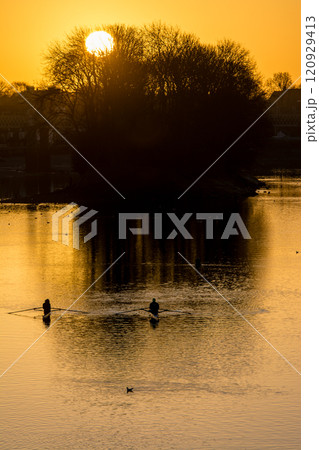 夜明け前の朝焼けが映るテームズ川と冬の枝木と街灯が並ぶ街並み ロンドン郊外のキュー・ブリッジにて 夜明け前の朝焼けが映るテームズ川と冬の枝木と街灯が並ぶ街並み ロンドン郊外のキュー・ブリッジにて 120929413